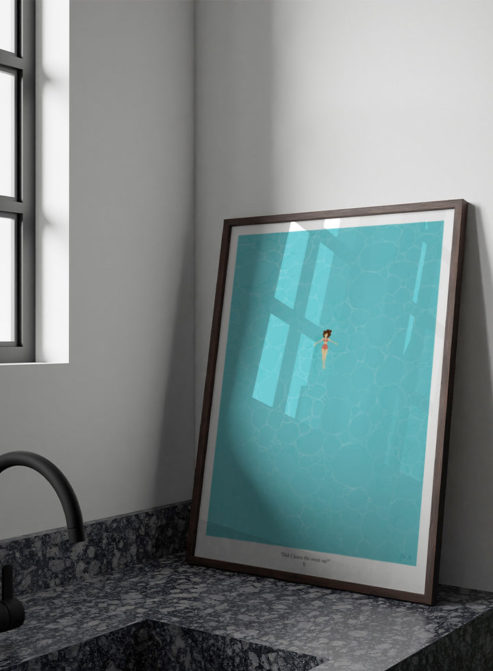 A minimalist art print featuring a small illustrated figure floating in a turquoise pool of water, with a black border and the caption &