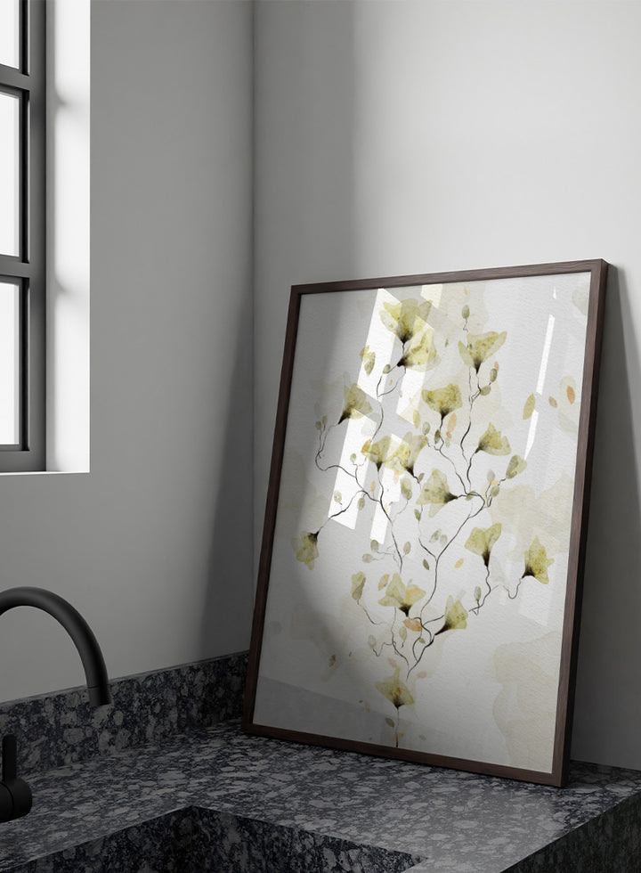 Watercolor floral art print featuring delicate pale yellow and beige flowers on a textured off-white background. Shop Delicate Watercolor Flowers by Ankie Kooi, a floral wall art print poster with watercolor wildflowers, botanical line art, yellow, green, and cream.