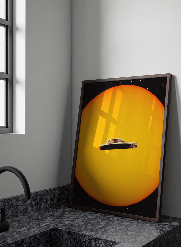 UFO-like vintage car on a yellow background. Space Chase by Taudalpoi surreal retro car in space art print with giant sun and vintage vehicle, cosmic collage sci fi poster wall art.