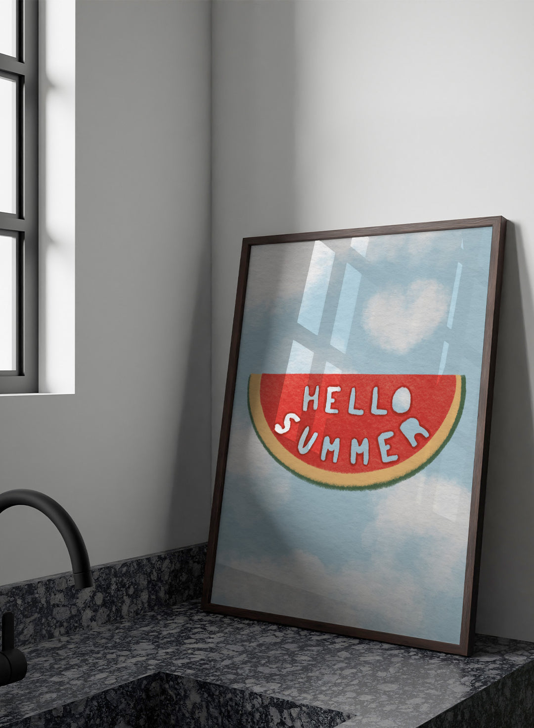 An art print featuring a watermelon slice graphic with the words &