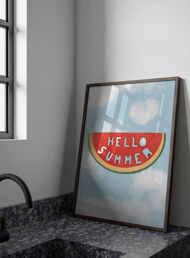 An art print featuring a watermelon slice graphic with the words &