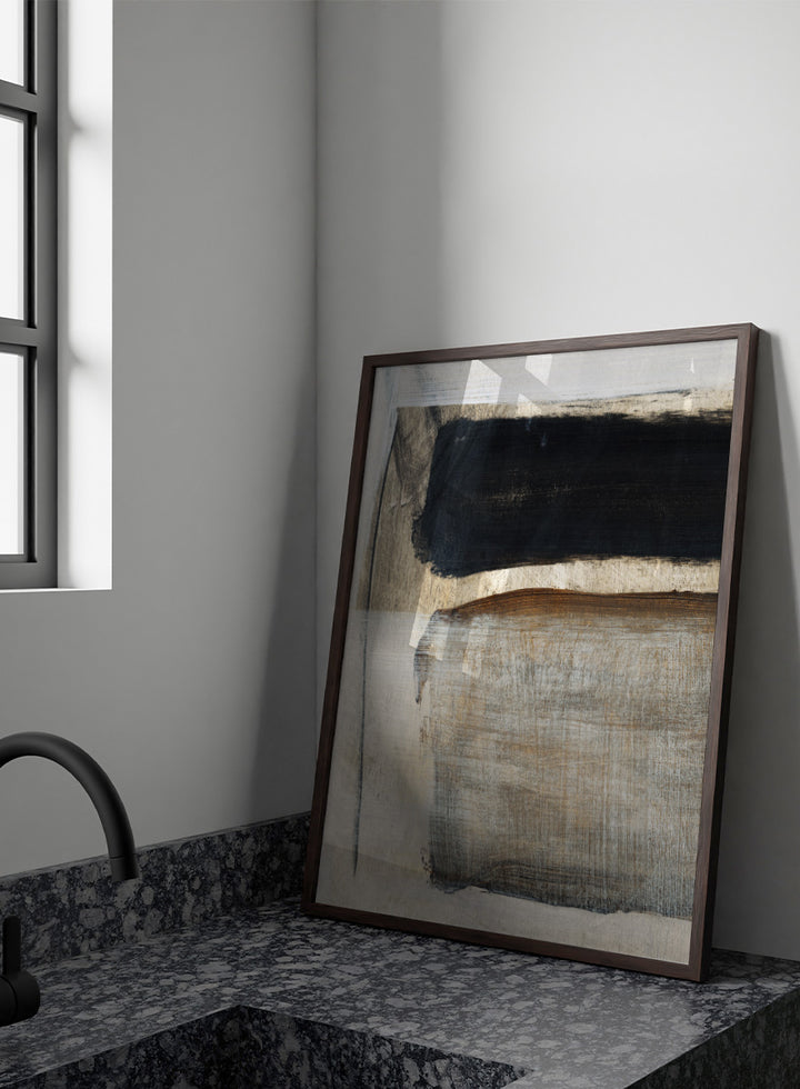 Abstract square artwork with broad textured brushstrokes in black, warm brown, gray, and off-white. Shop Desire by Dan Hobday, a contemporary abstract art print featuring bold black forms, earthy brown tones, layered brushwork, and a textured neutral palette.
