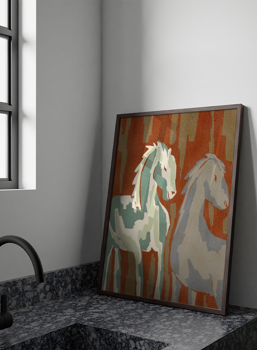 Shop Abstract Forest Horses by Nikita Jariwala, a modern horse wall art print featuring two abstract horses, woodland shapes, and earthy rust, sage, and beige tones.