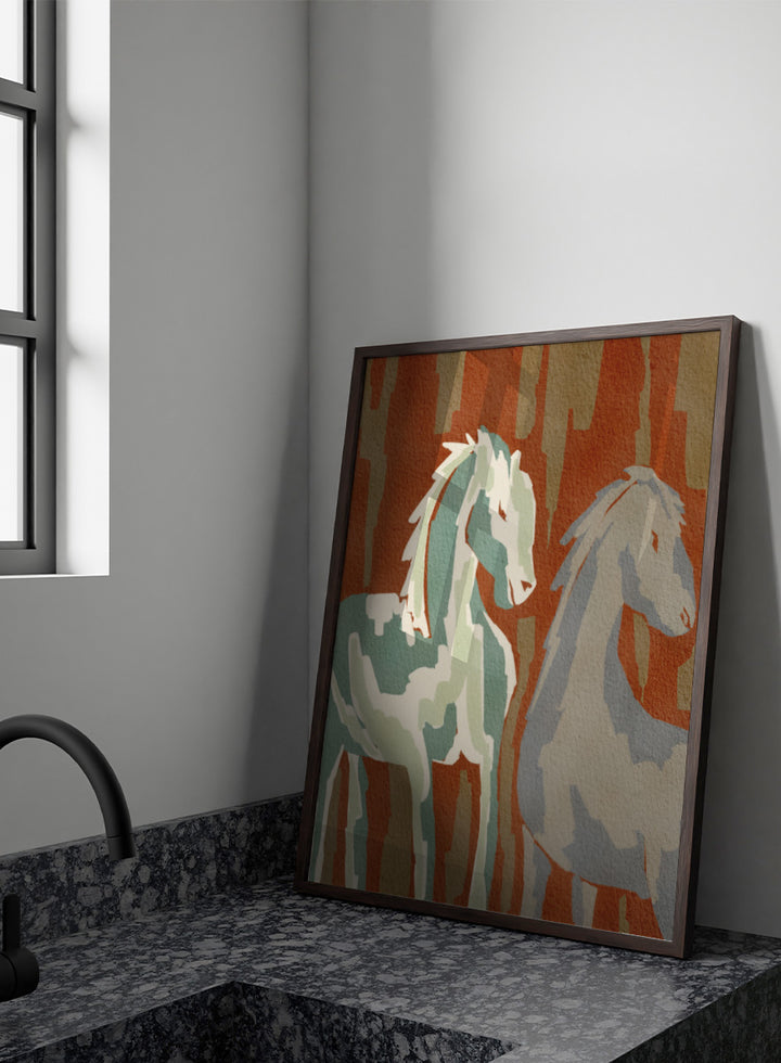 Shop Abstract Forest Horses by Nikita Jariwala, a modern horse wall art print featuring two abstract horses, woodland shapes, and earthy rust, sage, and beige tones.