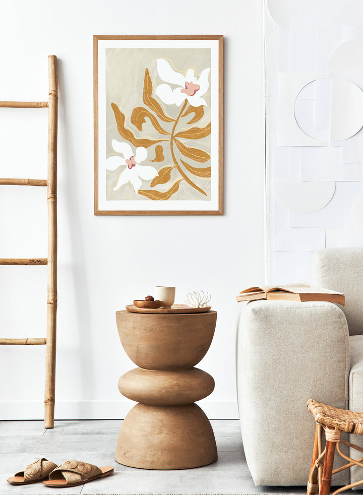 Decorative artwork with stylized flowers on a beige background. Flower Flower Flower by Arty Guava is a modern floral art print with oversized white blossoms and golden leaves. Officially licensed wall poster.