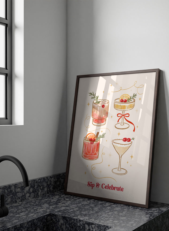 Shop Festive Holiday Christmas Cocktails by Katarzyna Gąsiorowska, a festive cocktail wall art print poster featuring illustrated drinks, cherries, and citrus.