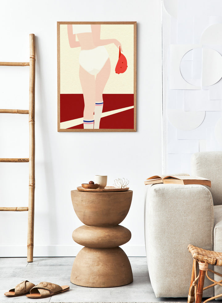 Illustration of a person in a white panty with a red cap on a beige and red background. Panties Socks Cap by Rosi Feist is a modern fashion art print with sporty minimalism, bold color blocking, and contemporary graphic poster style.