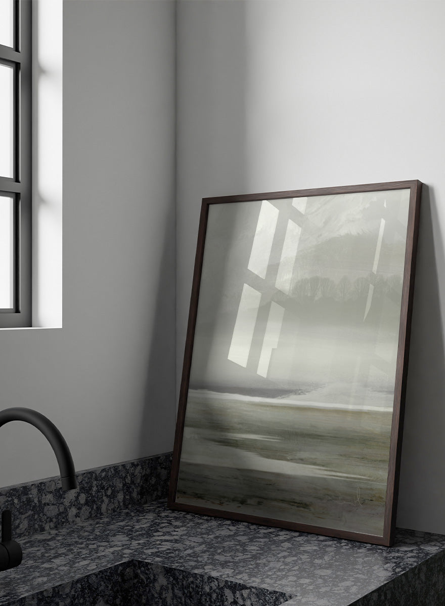 Shop Lakes No. 2 by Dan Hobday, a soft landscape art print featuring misty water, distant hills, bare trees, muted green tones, and layered texture.