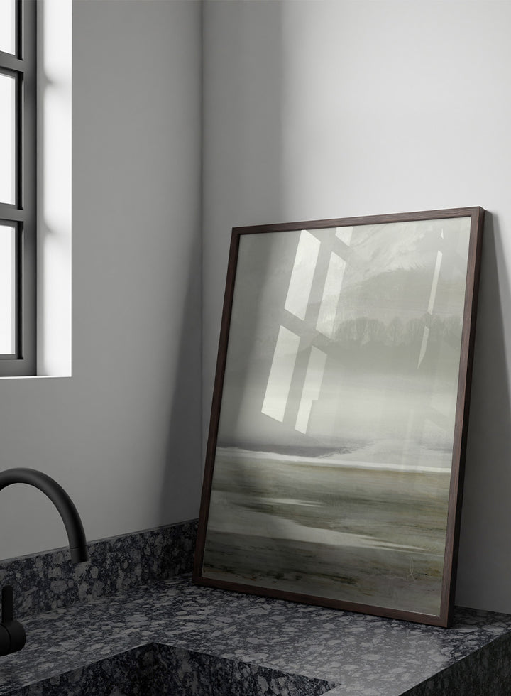 Shop Lakes No. 2 by Dan Hobday, a soft landscape art print featuring misty water, distant hills, bare trees, muted green tones, and layered texture.