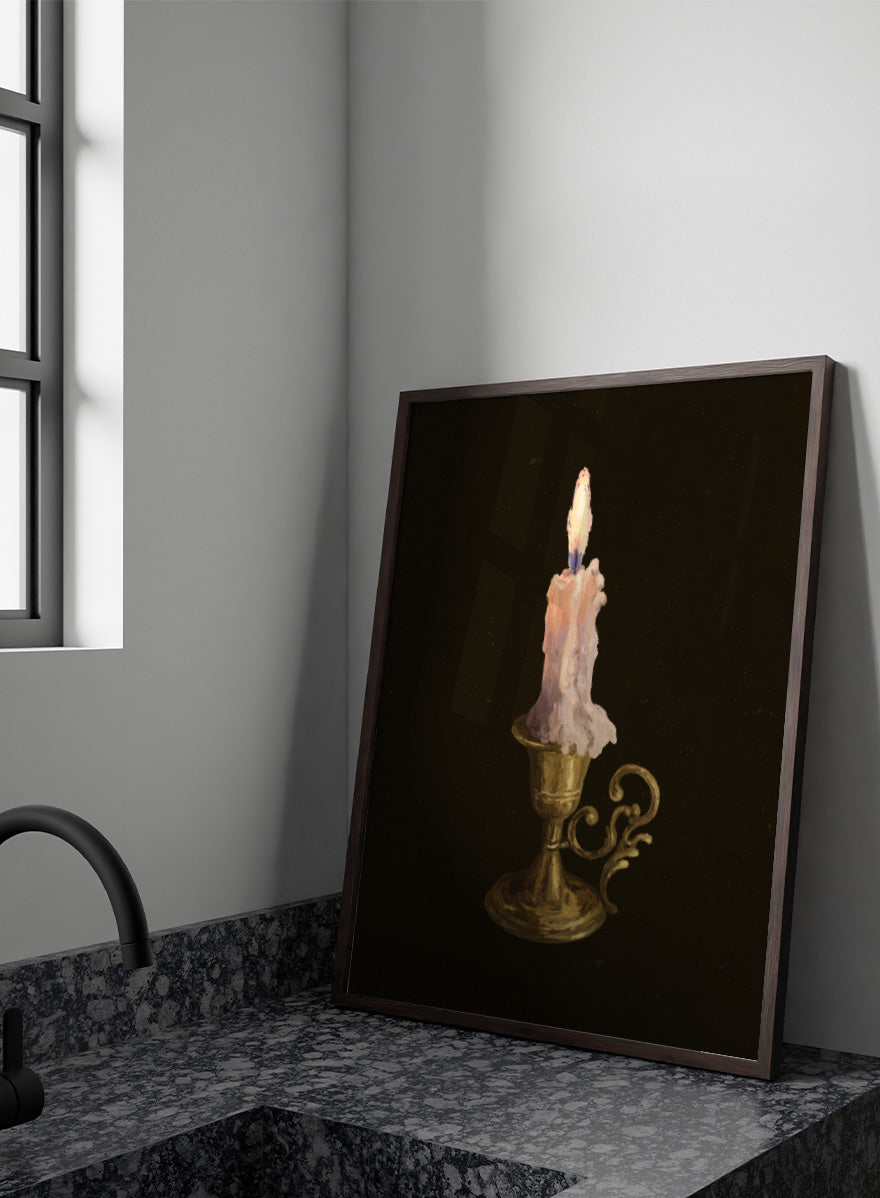 Shop Elegant Brass Candle by NKTN, a candle wall art print poster featuring a glowing taper candle in an ornate brass holder against a dark vintage-style background.