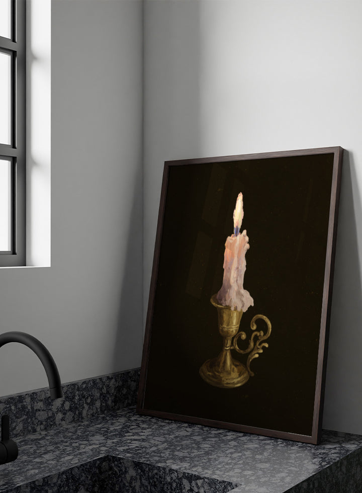 Shop Elegant Brass Candle by NKTN, a candle wall art print poster featuring a glowing taper candle in an ornate brass holder against a dark vintage-style background.