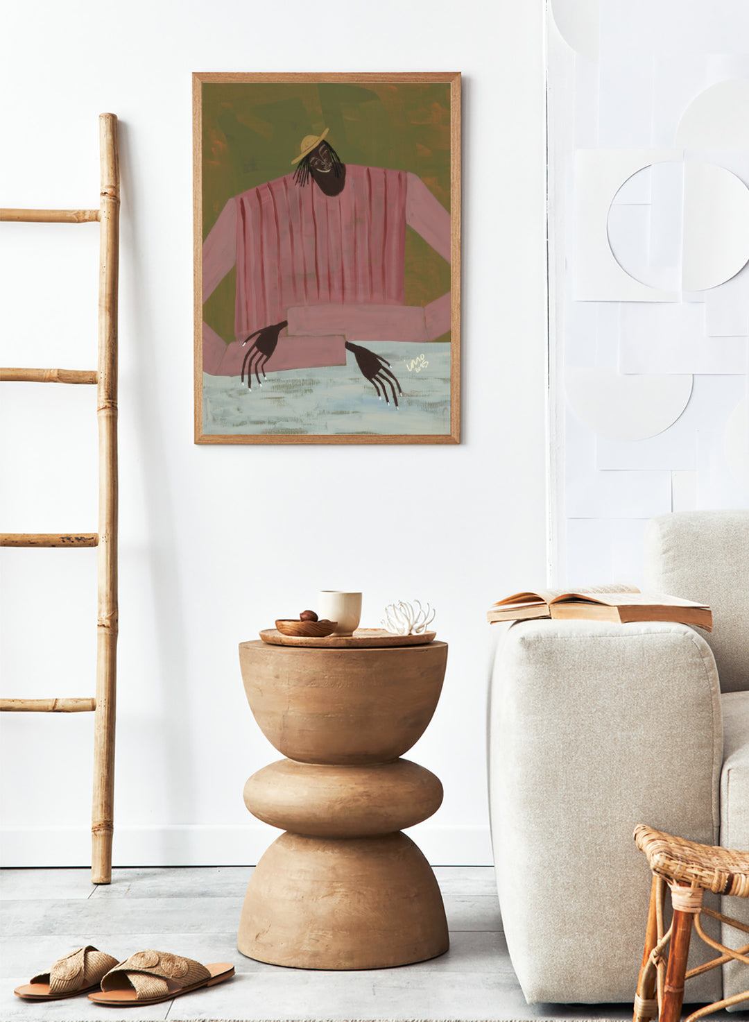 Artistic depiction of a person wearing a pink shirt and straw hat on a textured background. For Now I Don’t Know by Studio IMO (Ibi Meier-Oruitemeka) is a modern figurative art print with a seated figure and contemporary portrait wall poster design.