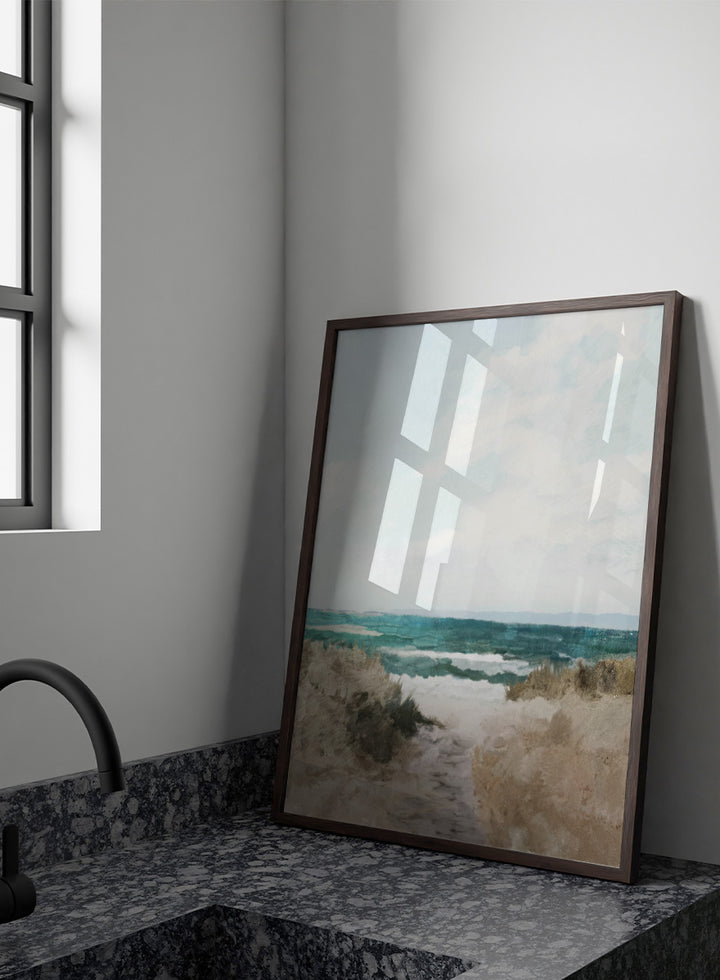 Shop Beach Path by Dan Hobday, a coastal landscape art print featuring turquoise water, sandy dunes, beach grass, soft blue sky, and textured brushwork.