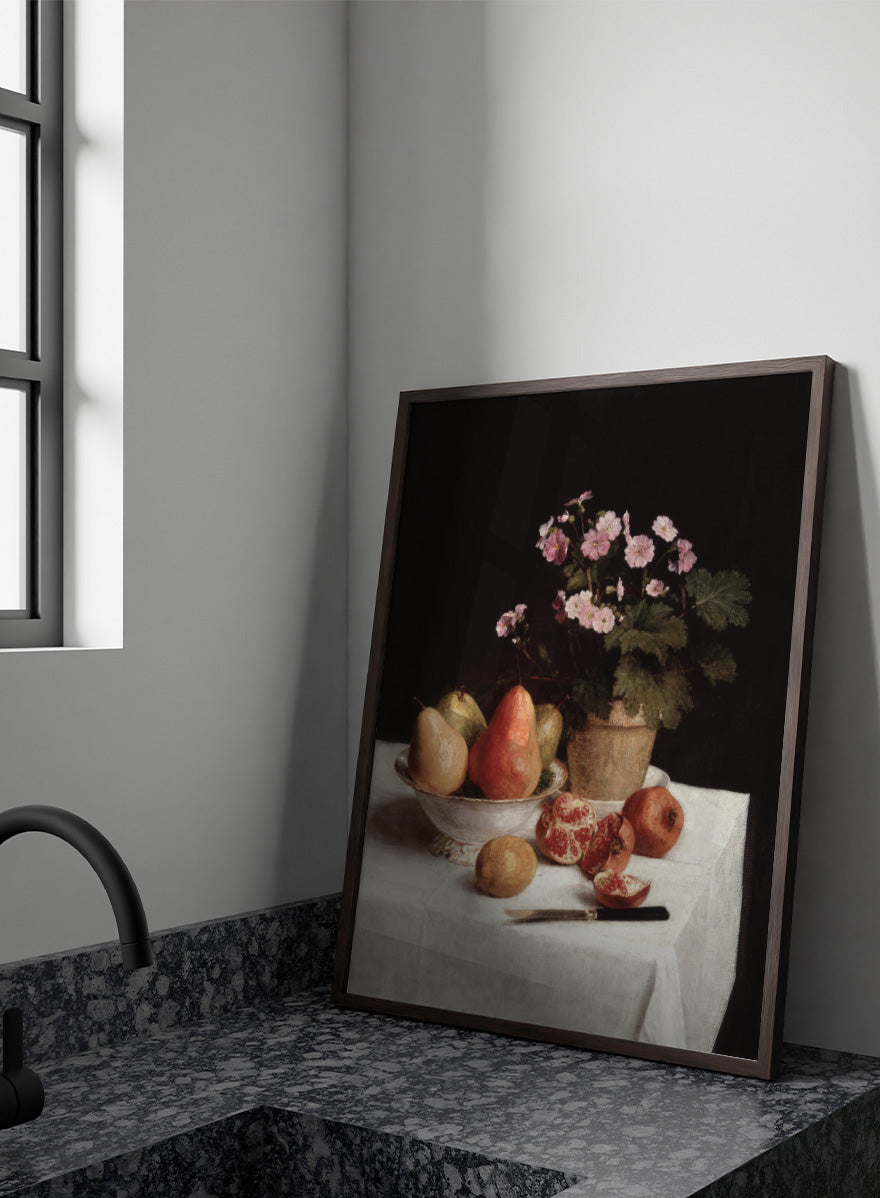 Shop Still Life with Primroses, Pears and Pomegranates by Henri Fantin-Latour, a vintage still life wall art print poster with warm brown tones.