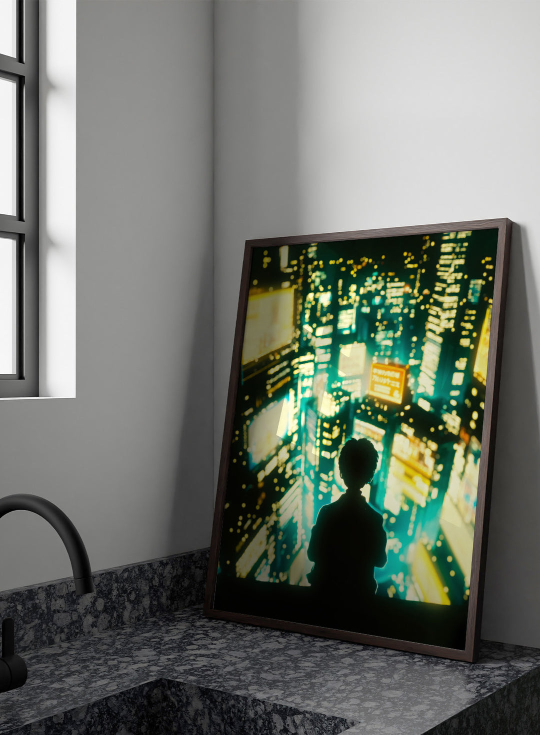 Silhouette of a person against a vibrant cityscape at night. Overlooking Tokyo by Taudalpoi neon cityscape art print with glowing skyscrapers and lone figure, cinematic cyberpunk inspired poster wall art.