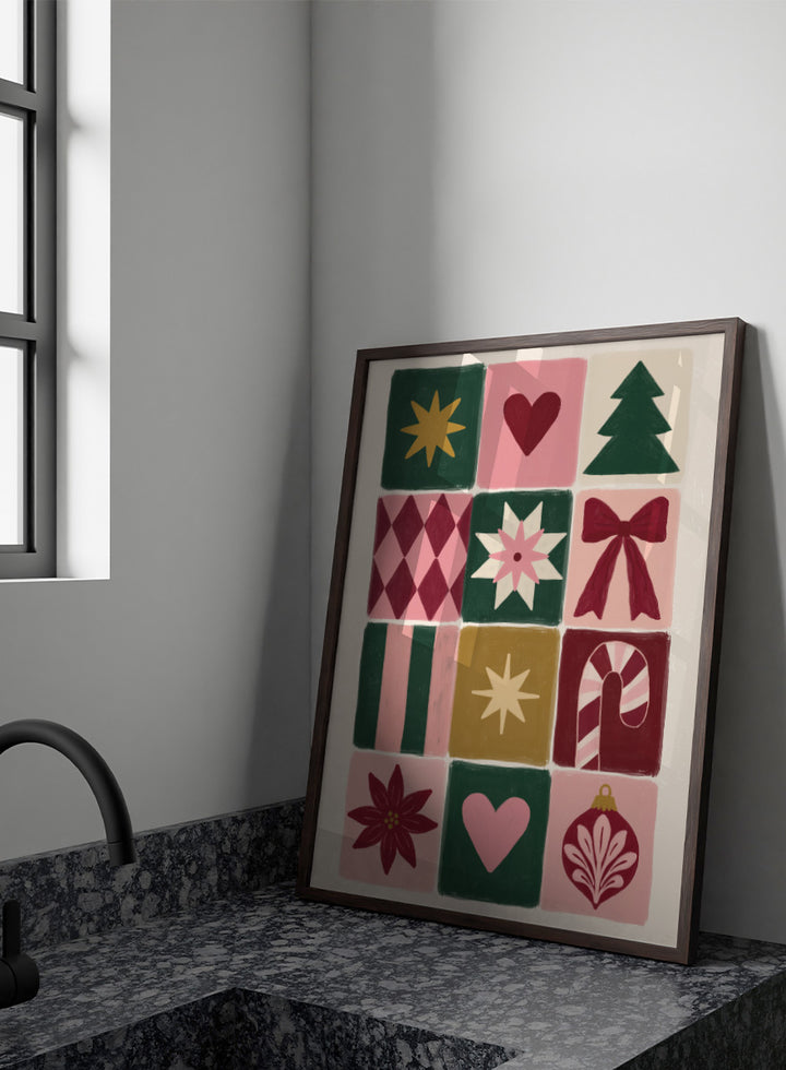 Shop Festive Christmas Grid by Katarzyna Gąsiorowska, a Christmas wall art print poster featuring a tree, bow, candy cane, poinsettia, ornament, and holiday motifs.