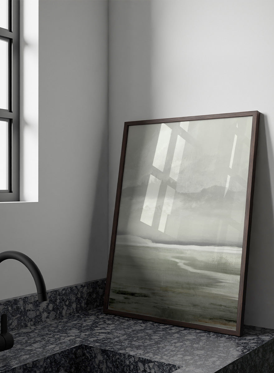 Shop Lakes No. 01 by Dan Hobday, a misty landscape art print featuring muted green water, distant hills, soft trees, and layered atmospheric texture.