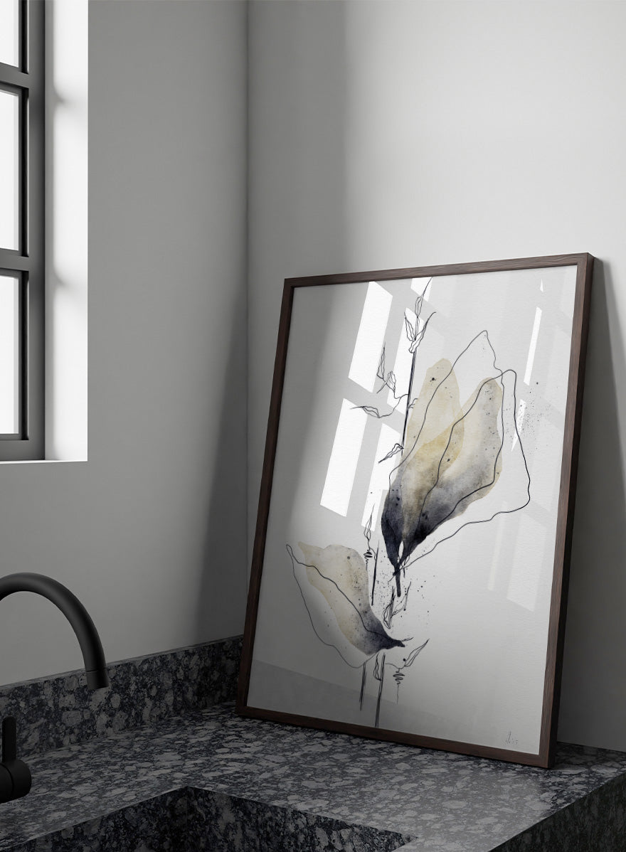 Minimalist watercolor and ink botanical art print featuring abstract leaves and stems on a white background. Shop Watercolor Botanical Elegance by Ankie Kooi, a botanical wall art print poster with abstract watercolor leaves, minimalist line art, yellow, gray, and cream.