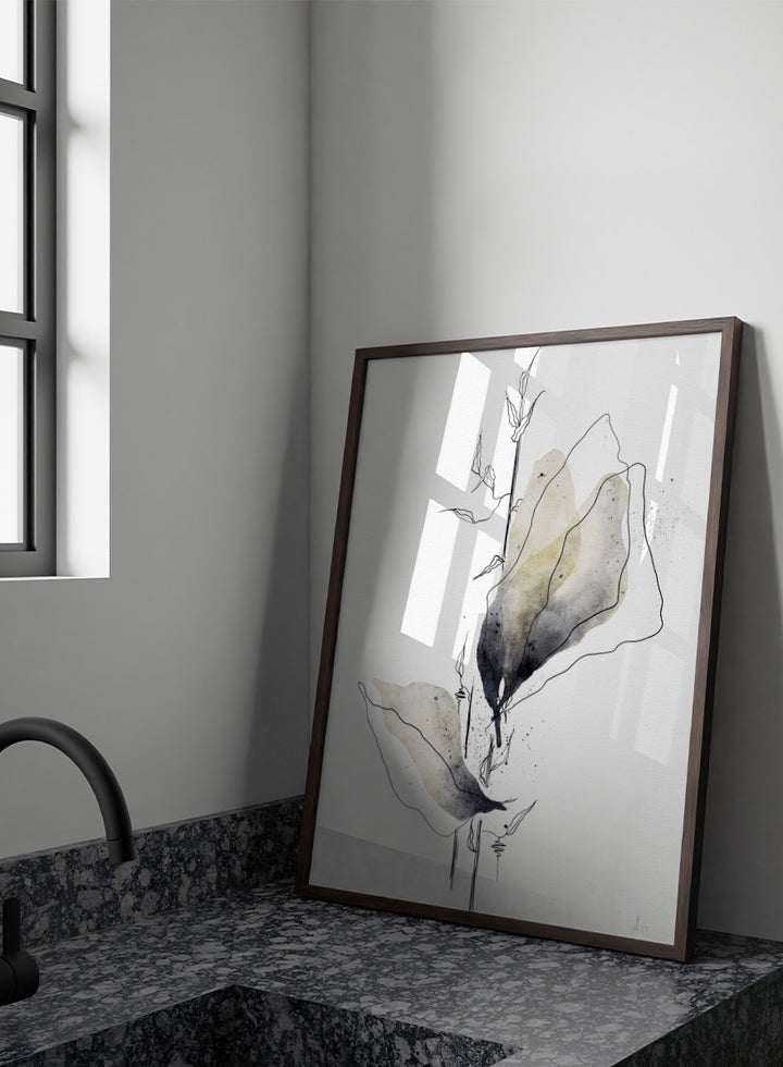 Minimalist watercolor and ink botanical art print featuring abstract leaves and stems on a white background. Shop Watercolor Botanical Elegance by Ankie Kooi, a botanical wall art print poster with abstract watercolor leaves, minimalist line art, yellow, gray, and cream.