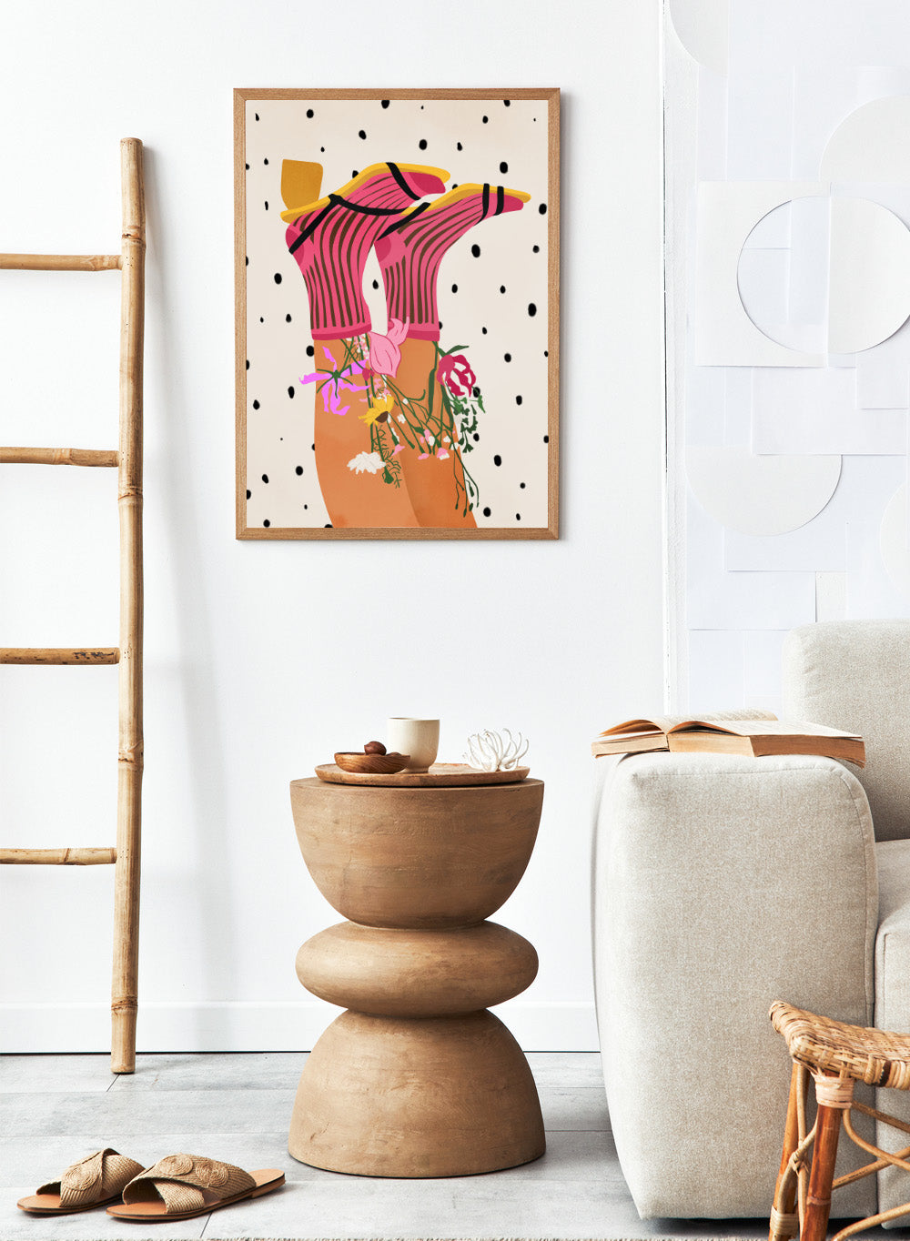 Illustration of a person wearing a pink top with floral accessories on a polka dot background. Floral Step Delight by Gauri Mokate is an officially licensed art print featuring a fashion-inspired illustration with florals, bold colors, and modern graphic style.