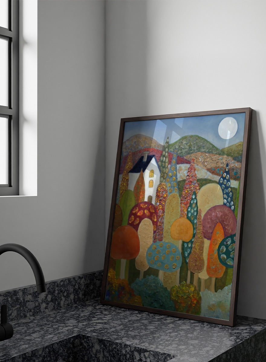 A colorful, textured folk-art style landscape painting featuring stylized mushrooms, a white house, rolling hills, and a full moon. Shop Whimsical Moonlit Landscape by Angeles M. Pomata, a colorful autumn landscape art print featuring a white house, full moon, rolling hills, and stylized trees.
