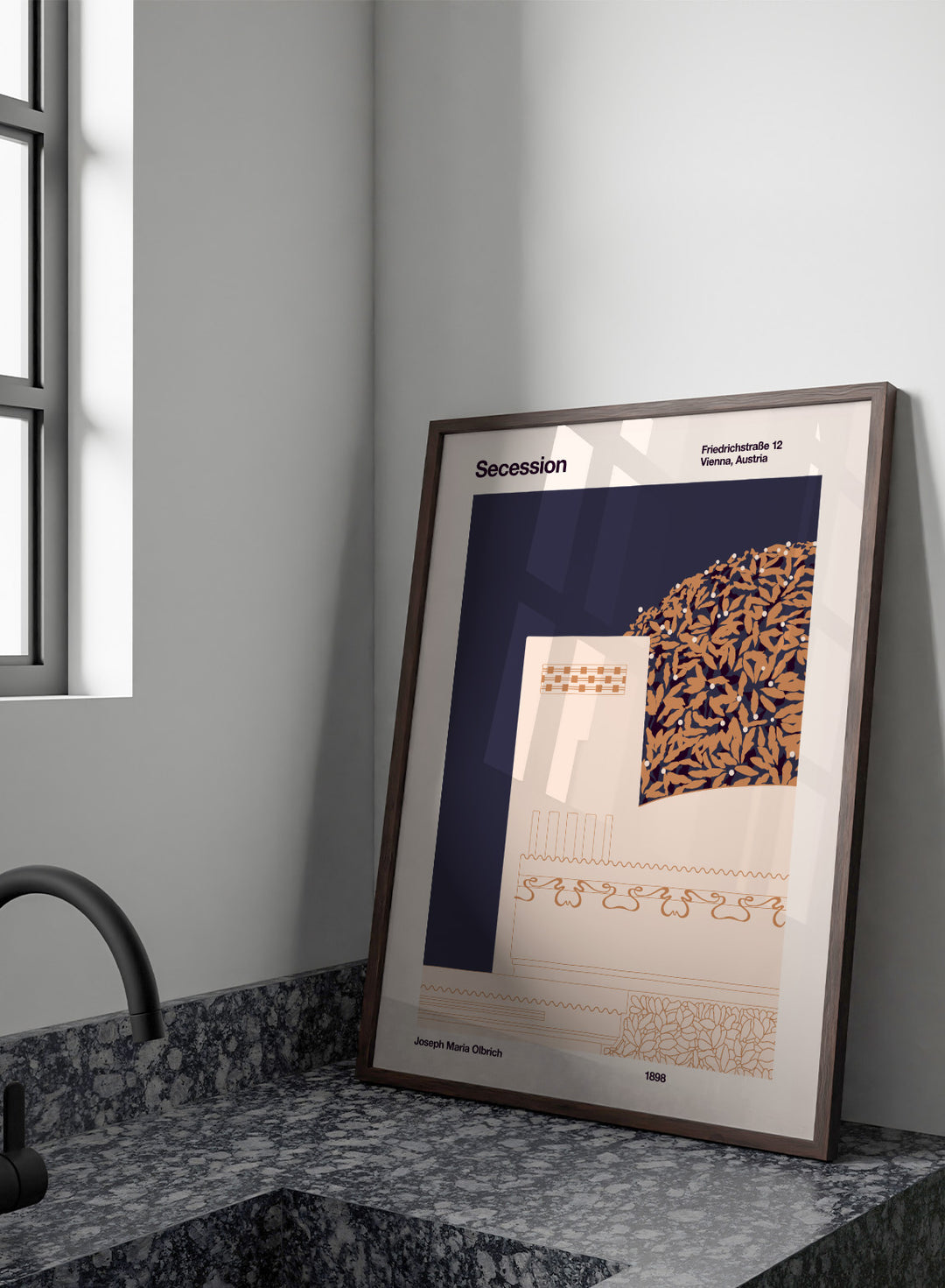 Poster design with geometric patterns and text on a dark blue and beige background. Vienna Secession Building by Florent Bodart is a modern architectural art print inspired by Vienna Secession design, a minimalist wall poster with geometric detail and warm tones.