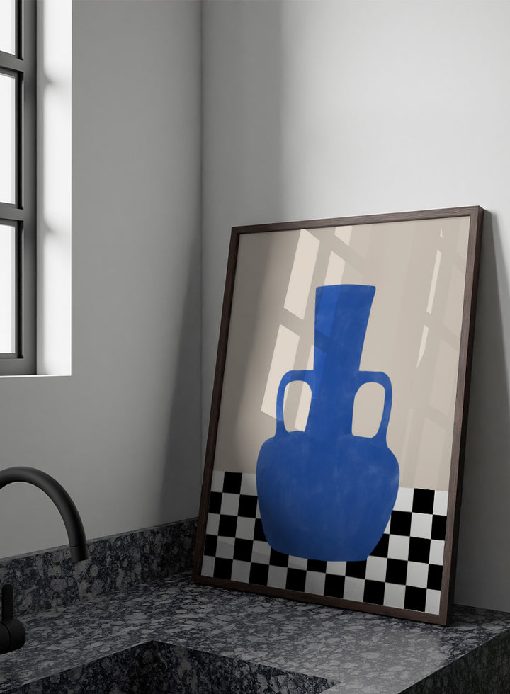 Shop Blue Amphora Still Life by Elena Ristova, a modern still life wall art print poster featuring a cobalt blue vase and bold black-and-white checkerboard pattern.