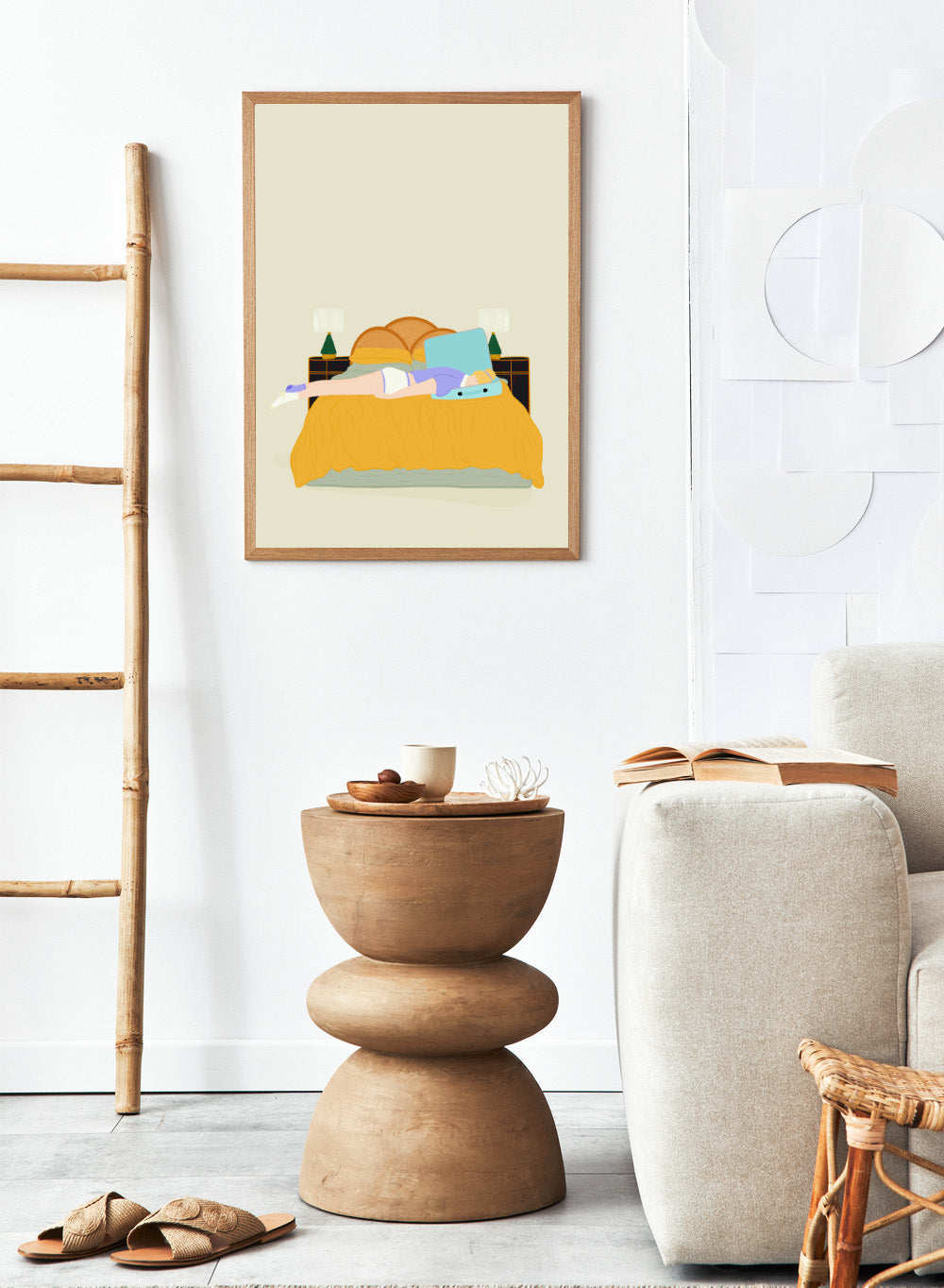 Illustration of a person lying in bed with a blue pillow and yellow blanket on a beige background. Digital Nomad by Jota de Jai is a calm modern art print of a woman resting on a bed with an open suitcase, officially licensed fine art wall poster with framing available.