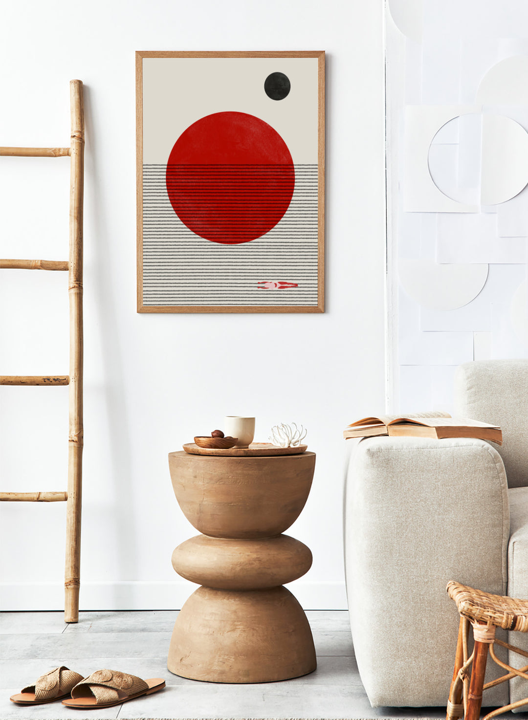 Abstract design with a red circle, black dot, and striped pattern on a beige background. Floating Horizons by The MIUUS Studio is a minimalist abstract art print and wall poster featuring geometric shapes, red sun, ocean lines, and swimmer detail.
