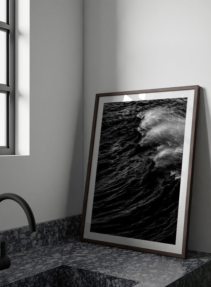 Black and white fine art photographic print of a crashing ocean wave. Dark Wave Symphony by Shot by Clint black-and-white ocean photography print featuring breaking waves, sea spray, and dramatic water texture.