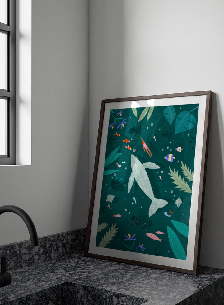 Shop Peaceful Ocean Encounter by Bea Müller, an ocean wall art print poster featuring a swimmer, whale, tropical fish, and whimsical underwater scenery in teal.