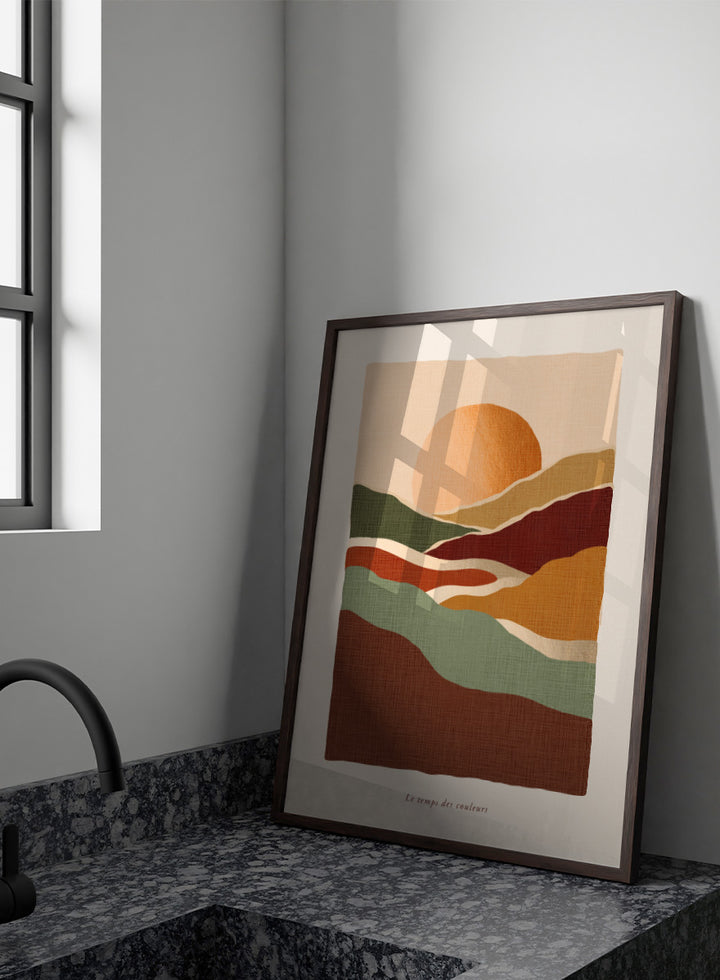 Shop Earthy Sunset Landscape by Dominique Vari, a retro landscape wall art print poster featuring rolling hills, a glowing orange sun, and warm earthy tones.