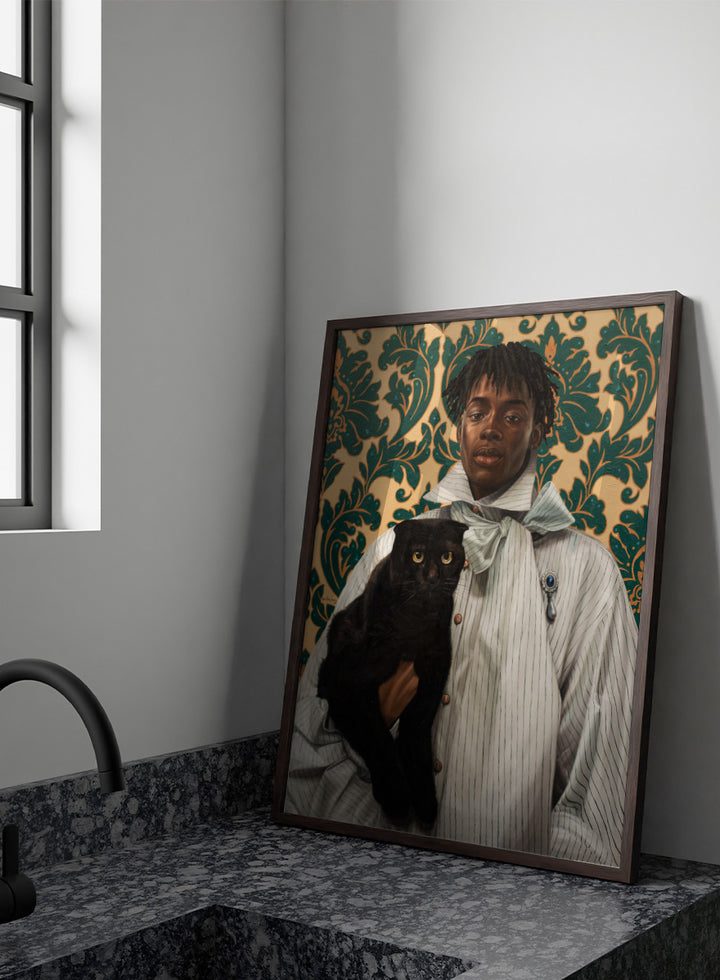 A portrait-style artwork showing a person in a pale striped shirt with a bow tie holding a black cat, set against ornate green damask wallpaper. Shop Elegant Portrait Black Cat by Damilare Jamiu, a contemporary figurative wall art print featuring a stylish portrait, black cat, and rich teal and gold pattern.