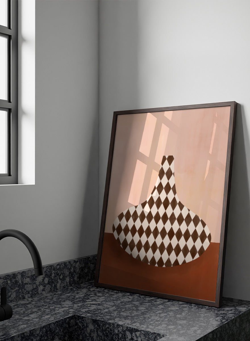 Shop Abstract Harlequin Vase by Elena Ristova, a modern wall art print poster featuring a brown-and-cream diamond vase against a soft pink background.