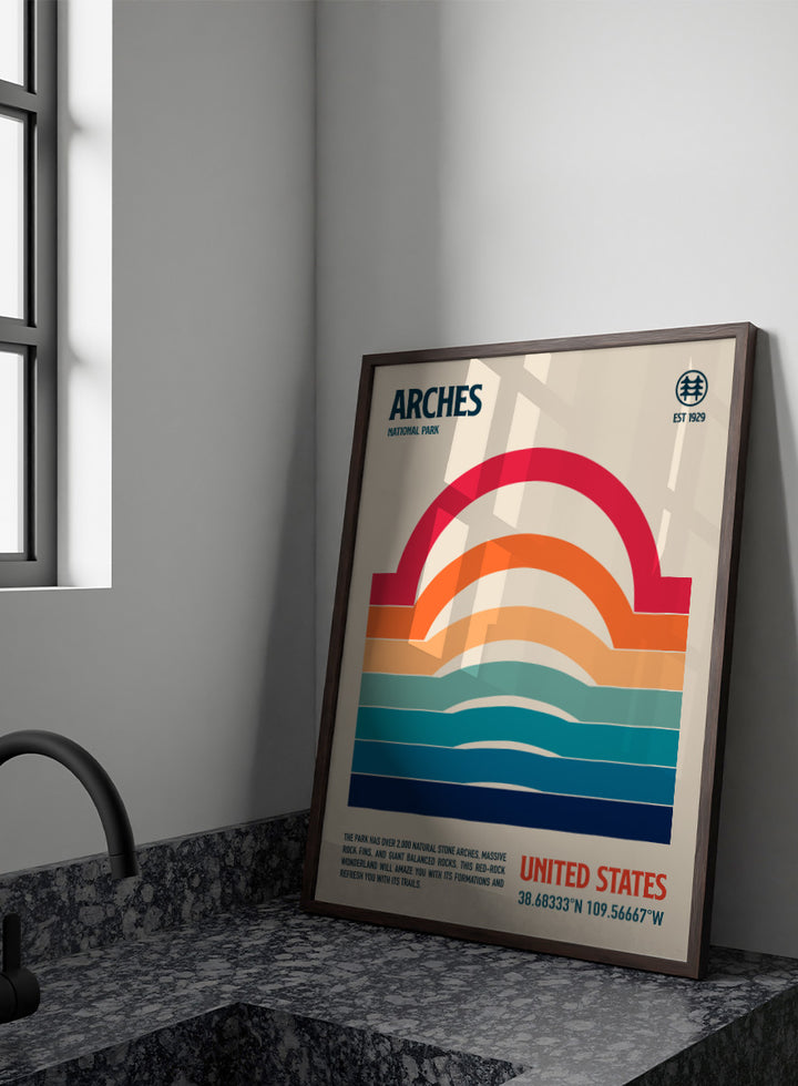 A retro-style poster for Arches National Park featuring a stylized rainbow arch made of horizontal color bands on a cream background, with the text &