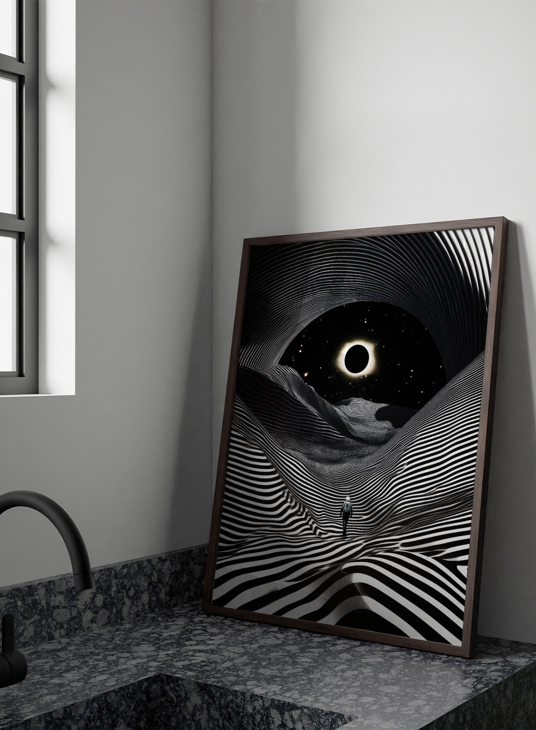 Black and white abstract design with a person standing in a tunnel-like pattern, featuring a celestial body in the center. New Adventures In Foreign Lands by Taudalpoi astronaut eclipse art print with black and white striped landscape and cosmic sky surreal poster.