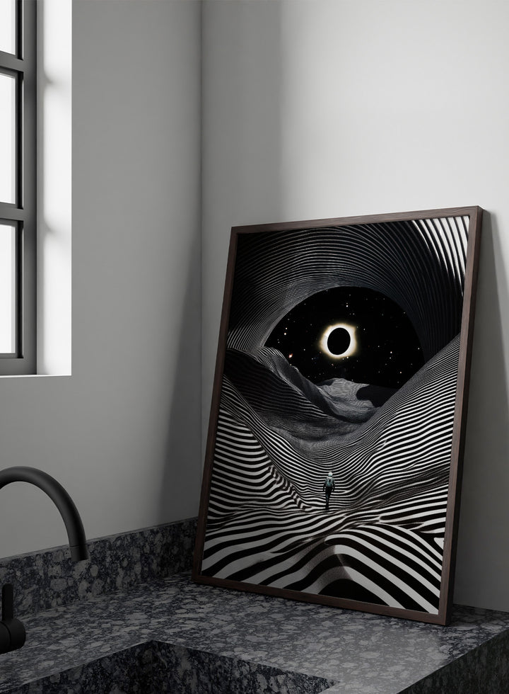 Black and white abstract design with a person standing in a tunnel-like pattern, featuring a celestial body in the center. New Adventures In Foreign Lands by Taudalpoi astronaut eclipse art print with black and white striped landscape and cosmic sky surreal poster.