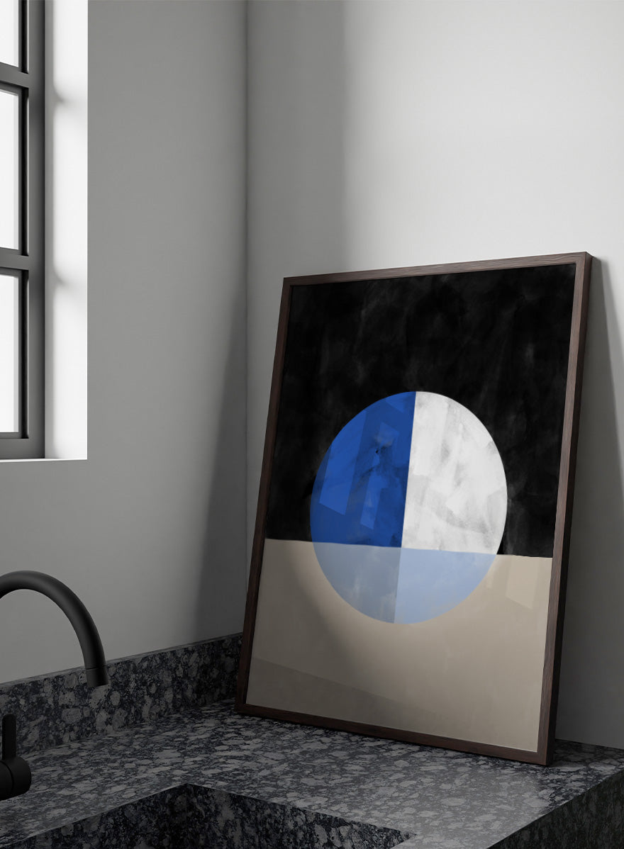 Shop Abstract Geometric Reflection by Elena Ristova, a modern abstract wall art print poster featuring a blue-and-white circle, mirrored forms, and bold black and cream.