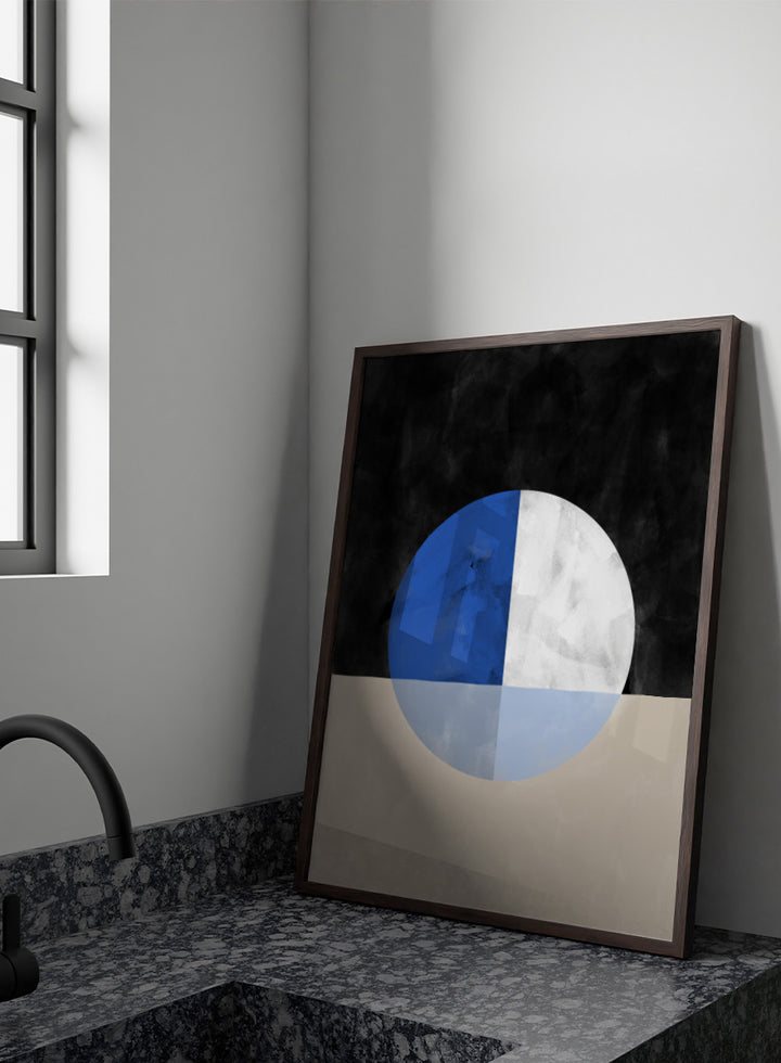 Shop Abstract Geometric Reflection by Elena Ristova, a modern abstract wall art print poster featuring a blue-and-white circle, mirrored forms, and bold black and cream.