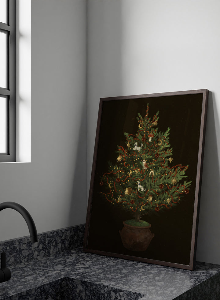 Shop Whimsical Christmas Tree by NKTN, a festive Christmas wall art print poster featuring a decorated tree, woodland ornaments, stars, ribbons, and glowing lights.