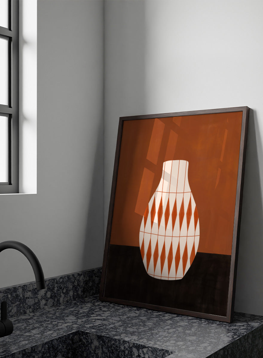 Shop Geometric Orange Vase by Elena Ristova, a modern wall art print poster featuring a cream vase with bold orange diamond patterns and rich rust tones.