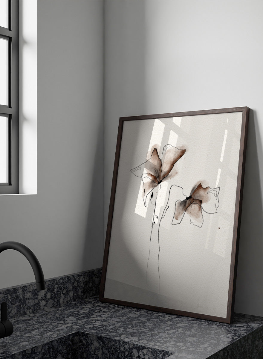 Minimalist watercolor and ink floral art print featuring two abstract flower shapes in brown and black tones on textured off-white paper. Shop Watercolor Botanical Blooms by Ankie Kooi, a modern floral wall art print poster with abstract botanical flowers, minimalist line art, brown, cream, and black.