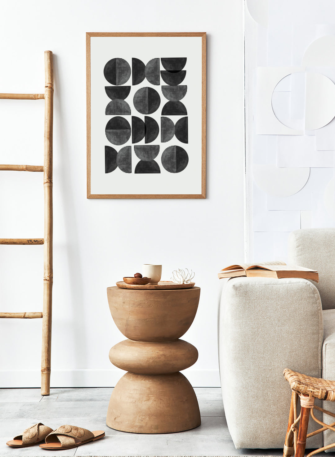 Geometric pattern of black semi-circles on a white background. Geometric Rhythm by The MIUUS Studio is a minimalist abstract art print and wall poster featuring repeating geometric shapes, black and white tones, and modern striped textures.