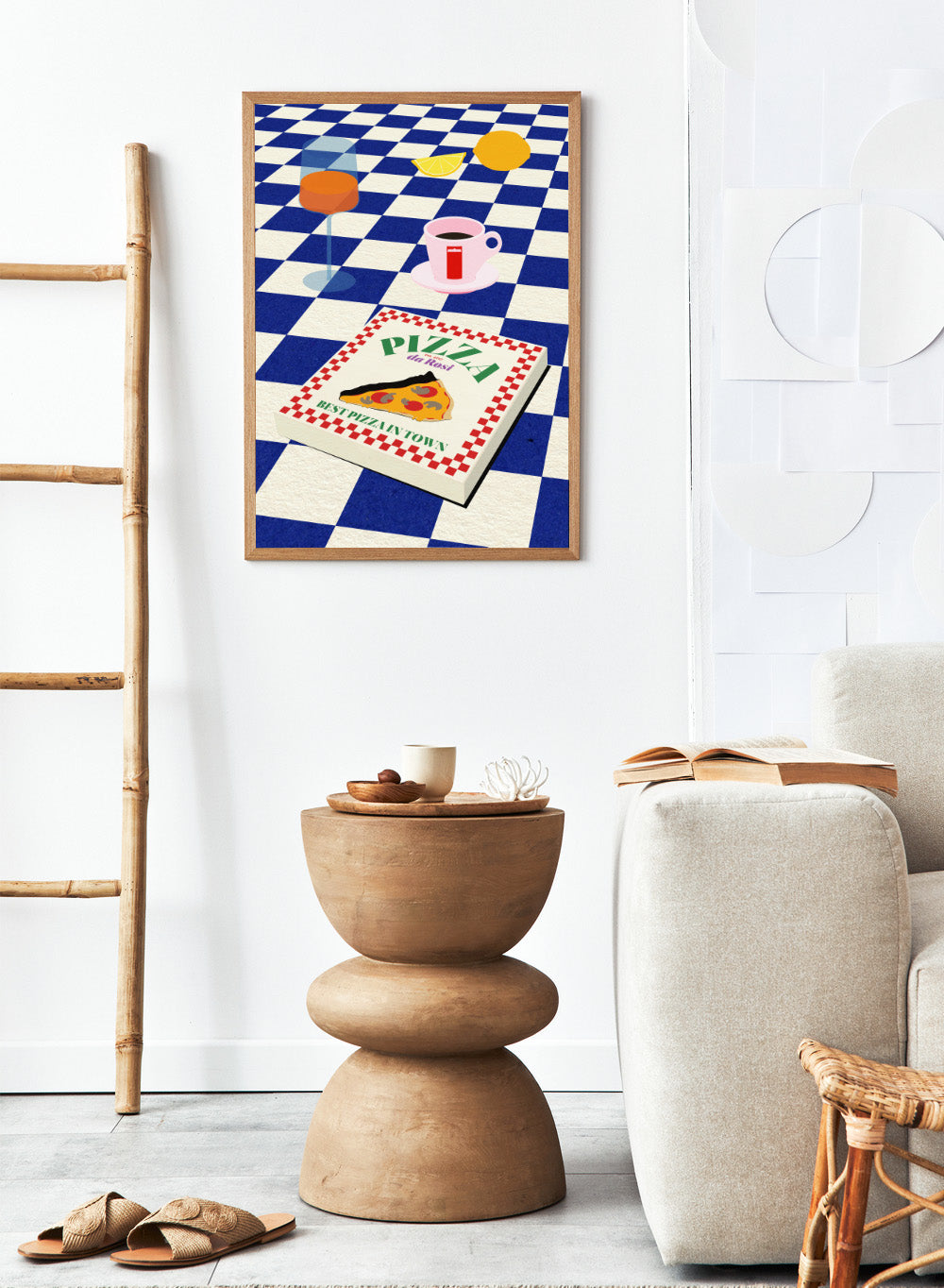 Pizza box with 'Pizza da Ross' branding on a blue and white checkered background. The Italian Menu by Rosi Feist is a modern kitchen wall art print featuring pizza and espresso in a bold minimalist food poster style.