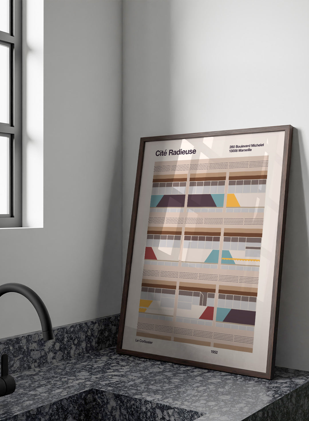 Illustration of a Bauhaus modernist building with geometric design, featuring text and Le Corbusier's name.Colorful Geometric Facade by Florent Bodart is a modern architectural art print with geometric building shapes and color blocks, a minimalist wall poster.