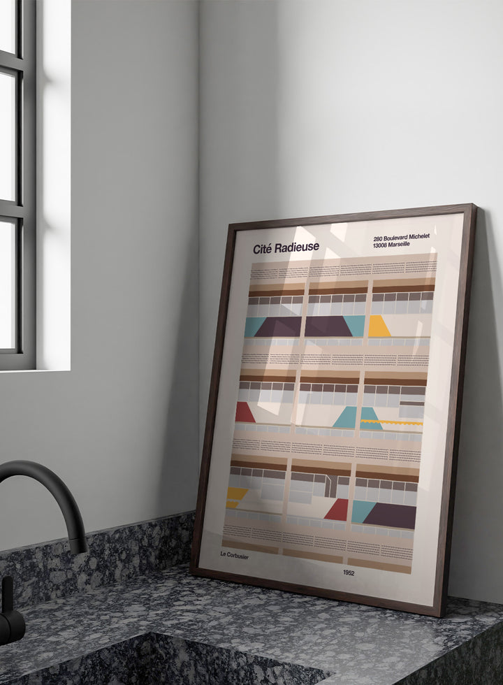 Illustration of a Bauhaus modernist building with geometric design, featuring text and Le Corbusier's name.Colorful Geometric Facade by Florent Bodart is a modern architectural art print with geometric building shapes and color blocks, a minimalist wall poster.