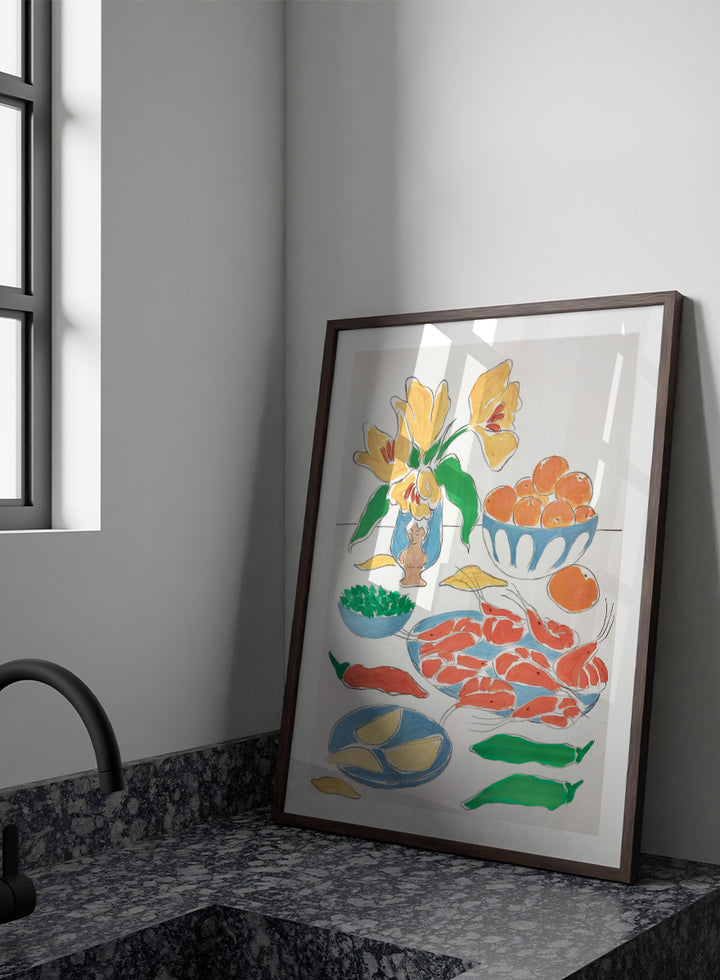 A framed still life art print featuring yellow tulips in a blue vase, bowls of oranges, red shrimp, green peppers, and yellow lemon wedges. Shop Fresh Flowers and Feast by Rushati Chowdhury, a colorful food and floral art print featuring shrimp, oranges, peppers, greens, lemon, and yellow flowers.