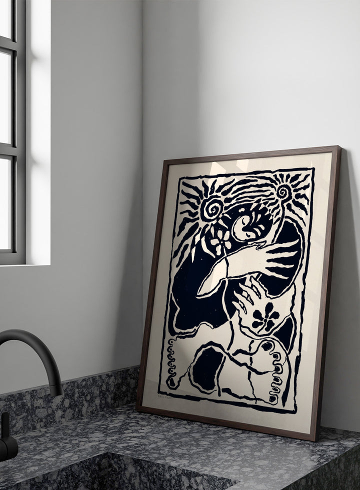 Black and white artwork of a stylized figure with abstract patterns. Protection Black by Eden Kalif is a modern abstract figurative art print in bold black, a contemporary aesthetic wall poster with expressive shapes and symbolic elements.