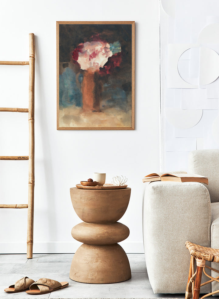 An abstract watercolor painting of a vase with flowers, featuring a warm terracotta-brown vase and a bouquet of white, red, and blue blossoms against a dark, textured background. Roses by Hercules Brabazon Brabazon is a vintage floral art print featuring pink and red roses in a terracotta vase with a dark, moody background.