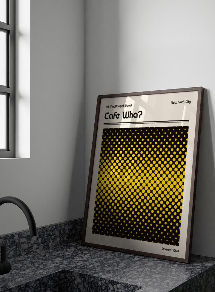 A square Cafe Wha? poster print with a bold black and yellow halftone dot pattern, featuring the text &